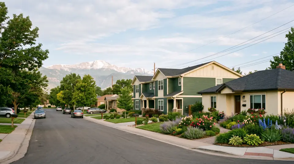 Federal Heights, Colorado homes on a quiet street with mountains behind