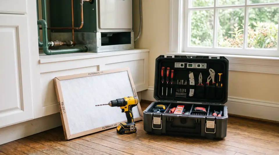 Toolbox, furnace filter and drill in a tidy utility room