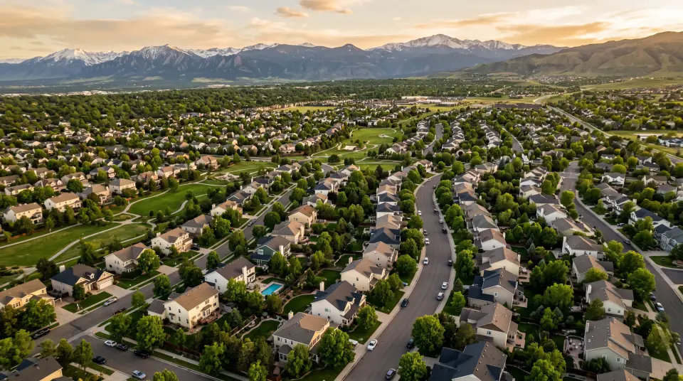 Aerial view of a Denver-metro neighborhood with the Rocky Mountains behind