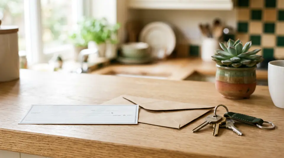 A check, envelope and house keys on a kitchen counter