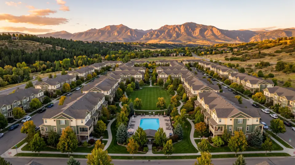Aerial view of a Colorado townhome community with a shared courtyard