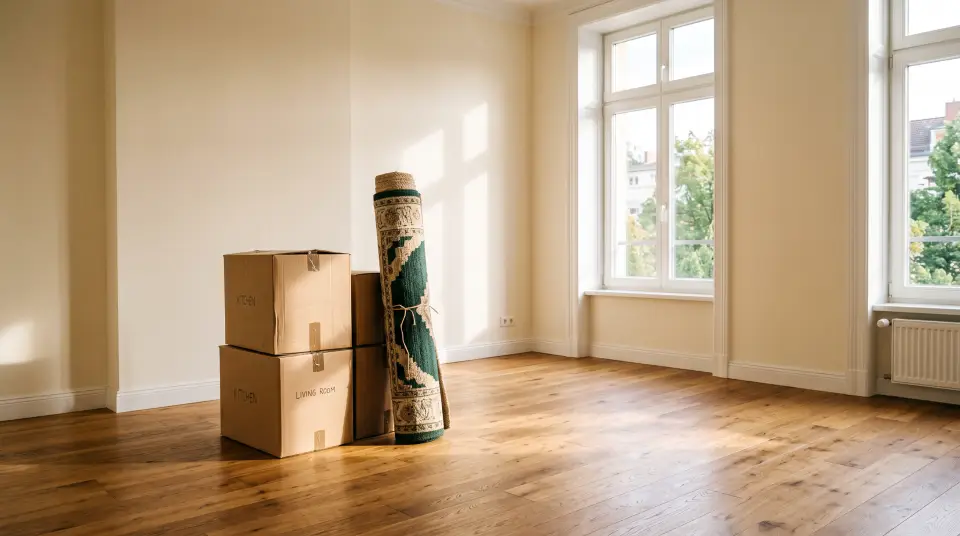 Moving boxes in an empty, sunlit apartment