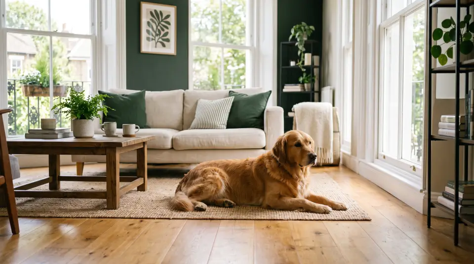 Golden retriever lying on the floor of a bright rental living room