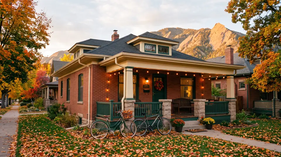 Brick bungalow near campus with bicycles on the porch and the Flatirons behind