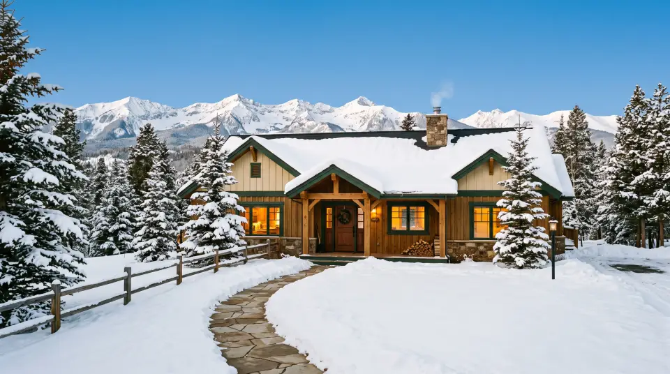 Colorado ranch home after fresh snowfall with a shoveled walk
